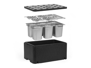 [Zestaw] Pojemnik termoizolacyjny GN 1/1 250 mm | Essential Line + 1x Pojemnik GN 1/3 z uchwytami + 4x GN 1/6 z uchwytami, 200 mm, ze stali nierdzewnej + pokrywy
