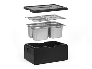 [Zestaw] Pojemnik termoizolacyjny GN 1/1 200 mm | Silver Line + 1x Pojemnik GN 1/2 z uchwytami + 2x GN 1/4 z uchwytami, 200 mm, ze stali nierdzewnej + pokrywy