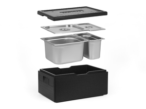 [Zestaw] Pojemnik termoizolacyjny GN 1/1 200 mm | Silver Line + 1x Pojemnik GN 2/3 + 1x GN 1/3, 200 mm, ze stali nierdzewnej + pokrywy