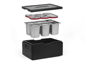 [Zestaw] Pojemnik termoizolacyjny GN 1/1 200 mm | Silver Line + 1x Pojemnik GN 1/3 + 4x GN 1/6, 200 mm, ze stali nierdzewnej + pokrywy z uszczelką silikonową