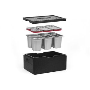 [Zestaw] Pojemnik termoizolacyjny GN 1/1 200 mm | Silver Line + 2x Pojemnik GN 1/3 + 2x GN 1/6, 200 mm, ze stali nierdzewnej + pokrywy z uszczelką silikonową