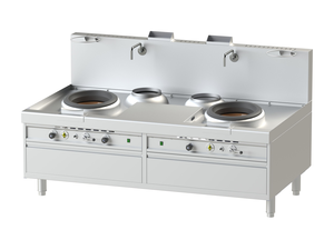 Kuchnia gazowa wok z 2 neutralnymi pojemnikami na zupę, 2-palnikowa, wolnostojąca, 80,38 kW, 2200x1250x1200 mm | NAYATI, Serie 1250