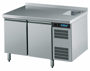 Stół chłodniczy, 2-drzwiowy, GN 1/1, z agregatem, blat ze zlewem, 0,38 kW, 1250x700x850 mm | RILLING, AKT EK721 1601-B