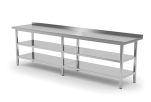 Stół przyścienny z dwiema półkami, spawany, 2600x700x850 mm | TECHNICA, 10422670