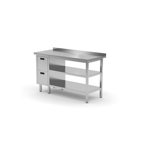 Stół przyścienny z blokiem dwóch szuflad po lewej stronie i dwiema półkami 1000x600x850 mm | TECHNICA, 1262L1060