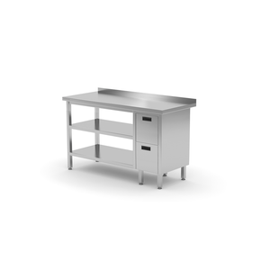 Stół przyścienny z blokiem dwóch szuflad po prawej stronie i dwiema półkami 1600x600x850 mm | TECHNICA, 1262P1660