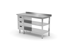 Stół przyścienny z blokiem trzech szuflad po lewej stronie i dwiema półkami 1100x600x850 mm | TECHNICA, 12632L1160
