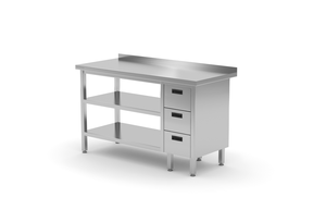 Stół przyścienny z blokiem trzech szuflad po prawej stronie i dwiema półkami 1800x700x850 mm | TECHNICA, 12632P1870