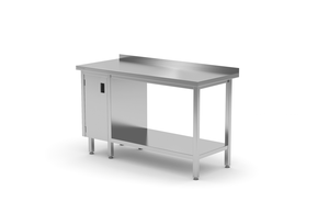 Stół przyścienny z szafką z drzwiami skrzydłowymi po lewej stronie i półką 1500x600x850 mm | TECHNICA, 127L1560