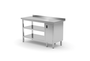 Stół przyścienny z szafką z drzwiami skrzydłowymi po prawej stronie i dwiema półkami 1100x600x850 mm | TECHNICA, 1272P1160