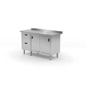 Stół przyścienny z blokiem dwóch szuflad po lewej stronie i szafką z drzwiami suwanymi 1700x700x850 mm | TECHNICA, 131L1770