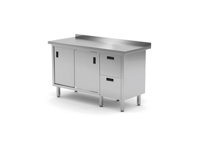 Stół przyścienny z blokiem dwóch szuflad po prawej stronie i szafką z drzwiami suwanymi 1400x600x850 mm | TECHNICA, 131P1460