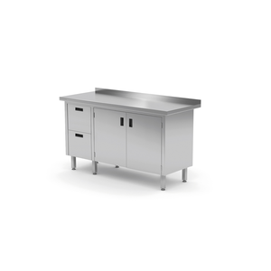 Stół przyścienny z blokiem dwóch szuflad po lewej stronie i szafką z drzwiami skrzydłowymi 1800x600x850 mm | TECHNICA, 133L1860