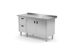 Stół przyścienny z blokiem dwóch szuflad po lewej stronie i szafką z drzwiami skrzydłowymi 1100x600x850 mm | TECHNICA, 133L1160