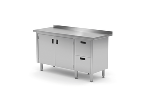 Stół przyścienny z blokiem dwóch szuflad po prawej stronie i szafką z drzwiami skrzydłowymi 1400x600x850 mm | TECHNICA, 133P1460