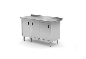 Stół przyścienny z szafką z drzwiami skrzydłowymi po lewej stronie i szafką z drzwiami suwanymi po prawej 1800x600x850 mm | TECHNICA, 135L1860