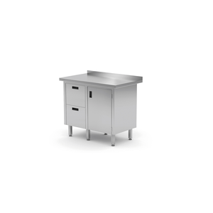 Stół przyścienny z blokiem dwóch szuflad po lewej stronie i szafką z drzwiami skrzydłowymi 900x600x850 mm | TECHNICA, 136L9060