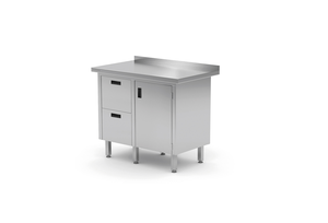 Stół przyścienny z blokiem dwóch szuflad po lewej stronie i szafką z drzwiami skrzydłowymi 830x700x850 mm | TECHNICA, 136L8370