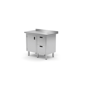 Stół przyścienny z blokiem dwóch szuflad po prawej stronie i szafką z drzwiami skrzydłowymi 900x600x850 mm | TECHNICA, 136P9060