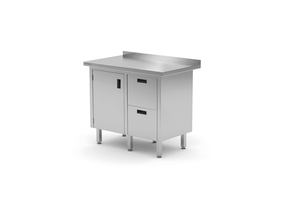 Stół przyścienny z blokiem dwóch szuflad po prawej stronie i szafką z drzwiami skrzydłowymi 830x700x850 mm | TECHNICA, 136P8370