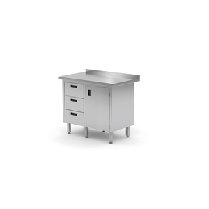 Stół przyścienny z blokiem trzech szuflad po lewej stronie i szafką z drzwiami skrzydłowymi 900x600x850 mm | TECHNICA, 137L9060