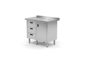 Stół przyścienny z blokiem trzech szuflad po lewej stronie i szafką z drzwiami skrzydłowymi 830x600x850 mm | TECHNICA, 137L8360