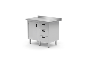 Stół przyścienny z blokiem trzech szuflad po prawej stronie i szafką z drzwiami skrzydłowymi 900x700x850 mm | TECHNICA, 137P9070