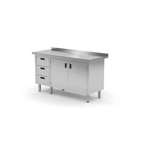 Stół przyścienny z blokiem trzech szuflad po lewej stronie i szafką z drzwiami skrzydłowymi 1200x600x850 mm | TECHNICA, 138L1260