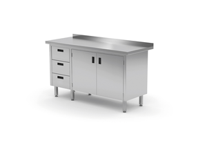 Stół przyścienny z blokiem trzech szuflad po lewej stronie i szafką z drzwiami skrzydłowymi 1600x700x850 mm | TECHNICA, 138L1670