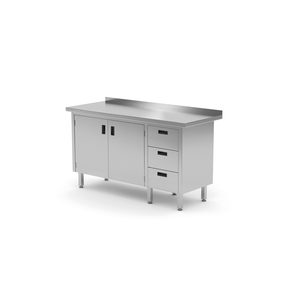 Stół przyścienny z blokiem trzech szuflad po prawej stronie i szafką z drzwiami skrzydłowymi 1900x600x850 mm | TECHNICA, 138P1960