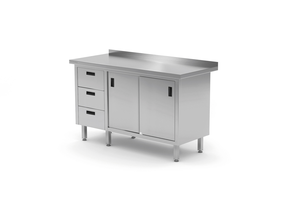 Stół przyścienny z blokiem trzech szuflad po lewej stronie i szafką z drzwiami suwanymi 1500x700x850 mm | TECHNICA, 139L1570
