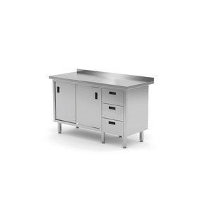 Stół przyścienny z blokiem trzech szuflad po prawej stronie i szafką z drzwiami suwanymi 1500x600x850 mm | TECHNICA, 139P1560