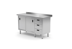 Stół przyścienny z blokiem trzech szuflad po prawej stronie i szafką z drzwiami suwanymi 1200x600x850 mm | TECHNICA, 139P1260