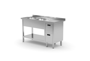 Stół ze zlewem dwukomorowym z lewej strony z blokiem dwóch szuflad i półką 1400x600x850 mm | TECHNICA, 226L1460