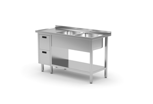 Stół ze zlewem dwukomorowym z prawej strony z blokiem dwóch szuflad i półką 1700x600x850 mm | TECHNICA, 226P1760