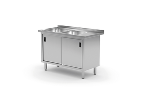 Stół ze zlewem dwukomorowym z lewej strony z szafką 1300x700x850 mm | TECHNICA, 228L1370