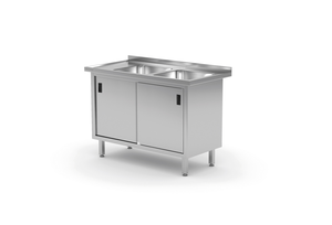 Stół ze zlewem dwukomorowym z prawej strony z szafką 1500x600x850 mm | TECHNICA, 228P1560