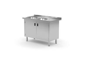 Stół ze zlewem dwukomorowym z lewej strony z szafką 1300x700x850 mm | TECHNICA, 229L1370