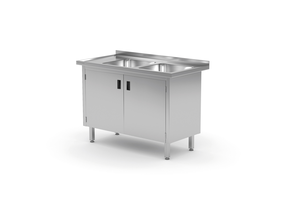 Stół ze zlewem dwukomorowym z prawej strony z szafką 1100x700x850 mm | TECHNICA, 229P1170