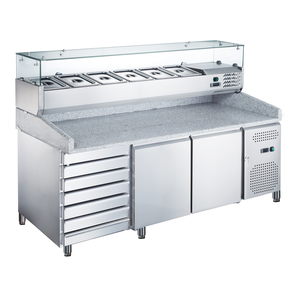 [Zestaw] Stół chłodniczy do pizzy 2-drzwiowy 580 l z agregatem bocznym, 2025x800x850 mm | TECHNICA, Cold Line + Nadstawka chłodnicza 9xGN1/3, 2000x395x435 mm | TECHNICA, Cold Line + Pojemnik GN 1/3 150 mm ze stali nierdzewnej | TECHNICA, Cold Line + Pokrywa GN 1/3 ze stali nierdzewnej | TECHNICA, Platinum Line