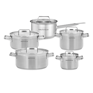 [Zestaw] Garnek niski 5 l o średnicy 240 mm + Garnek niski 8 l o średnicy 280 mm + Garnek średni 4,4 l o średnicy 200 mm + Rondel 1,9 l o średnicy 160 mm + Garnek wysoki 2,4 l o średnicy 160 mm | TECHNICA, Platinum Line