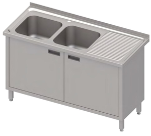 Stół ze zlewem dwukomorowym z lewej strony z szafką, 1100x600x850 mm | STALGAST, 983986110