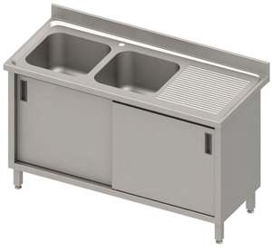 Stół ze zlewem dwukomorowym z lewej strony z szafką, 1400x600x850 mm | STALGAST, 984666140