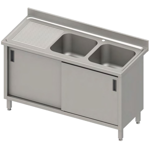 Stół ze zlewem dwukomorowym z prawej strony z szafką, 1600x600x850 mm | STALGAST, 984656160