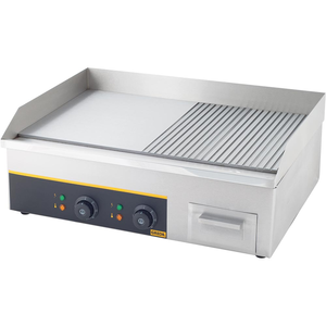 Płyta grillowa elektryczna, ze stali nierdzewnej, 1/2 gładka, 1/2 ryflowana, nastawna, 3,5 kW, 640x440x175 mm | GREDIL, 745120