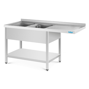 Stół ze zlewem 2-komorowym po lewej stronie, wydłużony ociekacz, półka, ze stali nierdzewnej, 1500x600x850 mm | RILLING, ST C615C 2LTZ