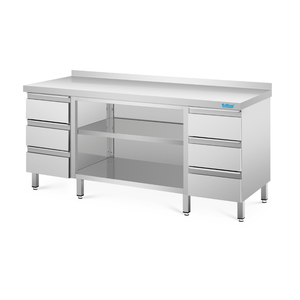Stół przyścienny z rantem, z 1 półką i 3 szufladami, ze stali nierdzewnej, 1200x600x850(900) mm | RILLING, SG 0612C S3B0