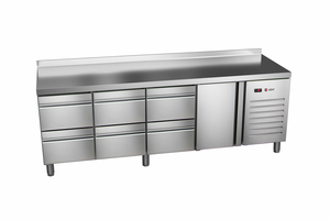 Stół chłodniczy, agregat z boku, 1-drzwiowy z drzwiami pełnymi, 6 szuflad, GN 1/1, 581 l, 0,336 kW, ze stali nierdzewnej, 2242x700x850 mm | ASBER, ETP-7-225-16 HC SB40