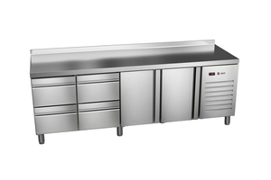 Stół chłodniczy, agregat z boku, 2-drzwiowy z drzwiami pełnymi, 4 szuflady, GN 1/1, 581 l, 0,336 kW, ze stali nierdzewnej, 2242x700x850 mm | ASBER, ETP-7-225-24 HC SB40