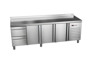 Stół chłodniczy, agregat z boku, 3-drzwiowy z drzwiami pełnymi, 2 szuflady, GN 1/1, 572 l, 0,336 kW, ze stali nierdzewnej, 2542x600x850 mm | ASBER, ETP-6-250-32 HC SB40